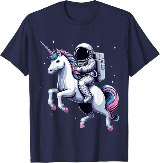 Astronaut Riding A Unicorn Boys Girls Men Women Kids Adults T-Shirt - T-Shirt | Navy