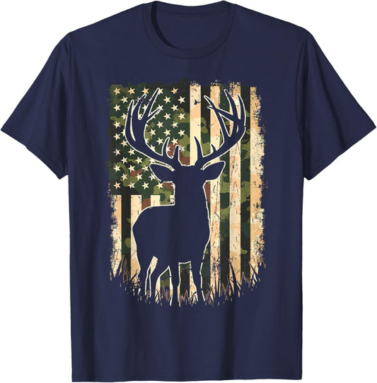 Camo US Flag Deer Hunting Camoflage Hunter T-Shirt - T-Shirt | Navy