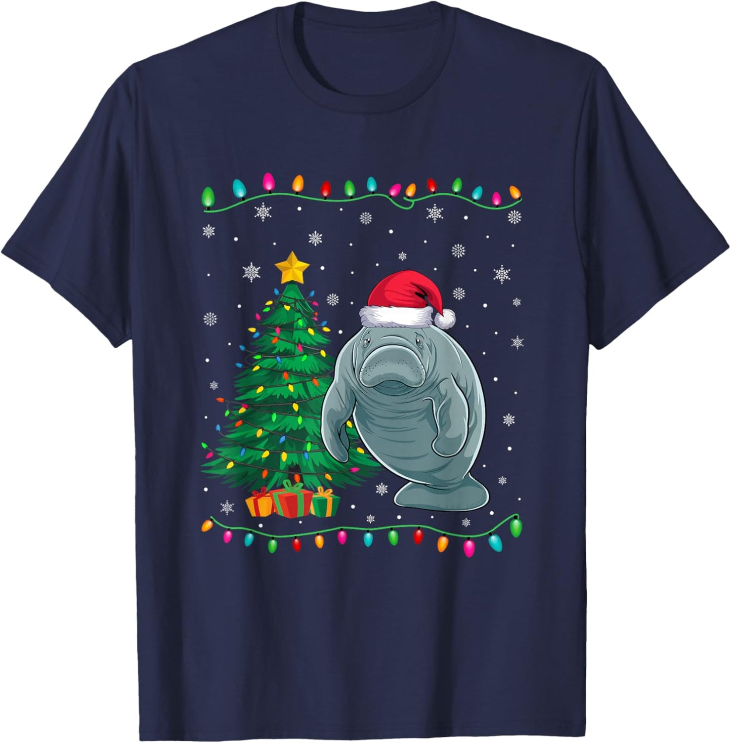 Manatee Santa Hat Men Women Kids Christmas Tree Lights T-Shirt - T-Shirt | Navy
