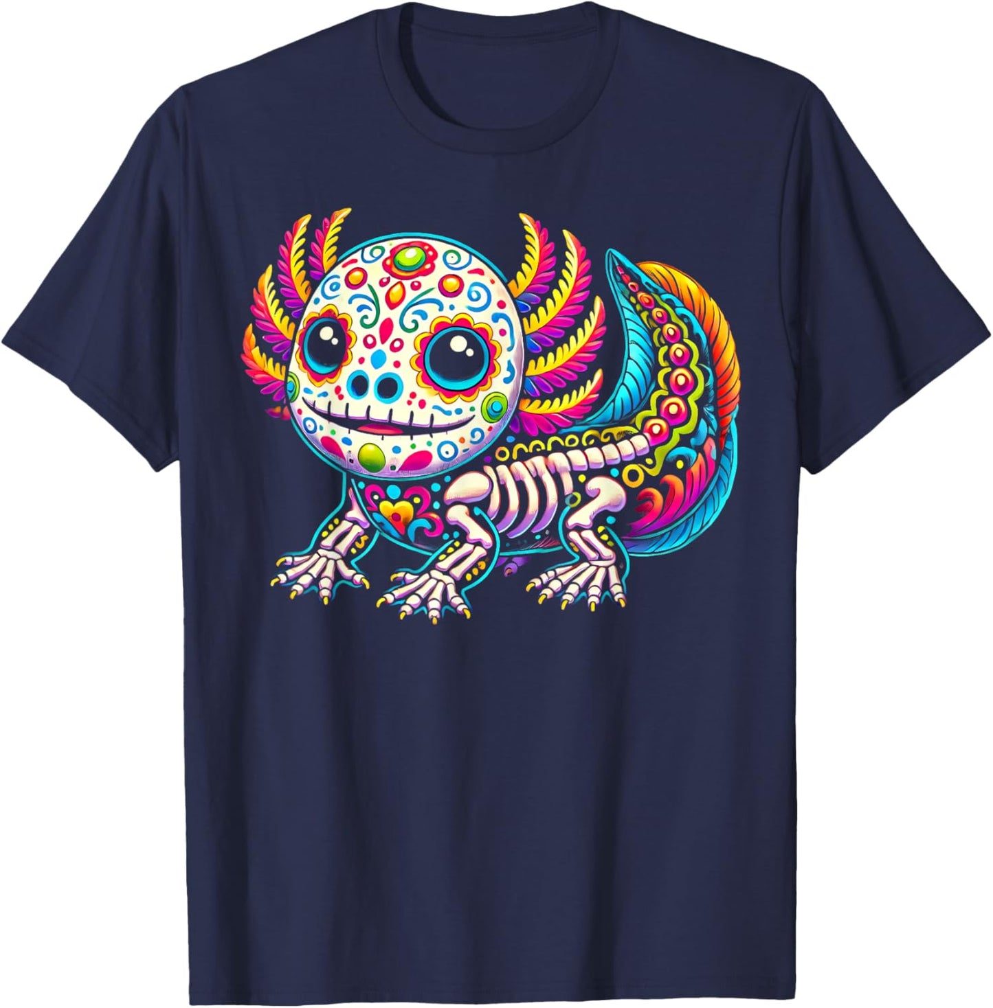 Colorful Axolotl Día de Muertos Sugar Skull Day of the Dead T-Shirt - T-Shirt | Navy