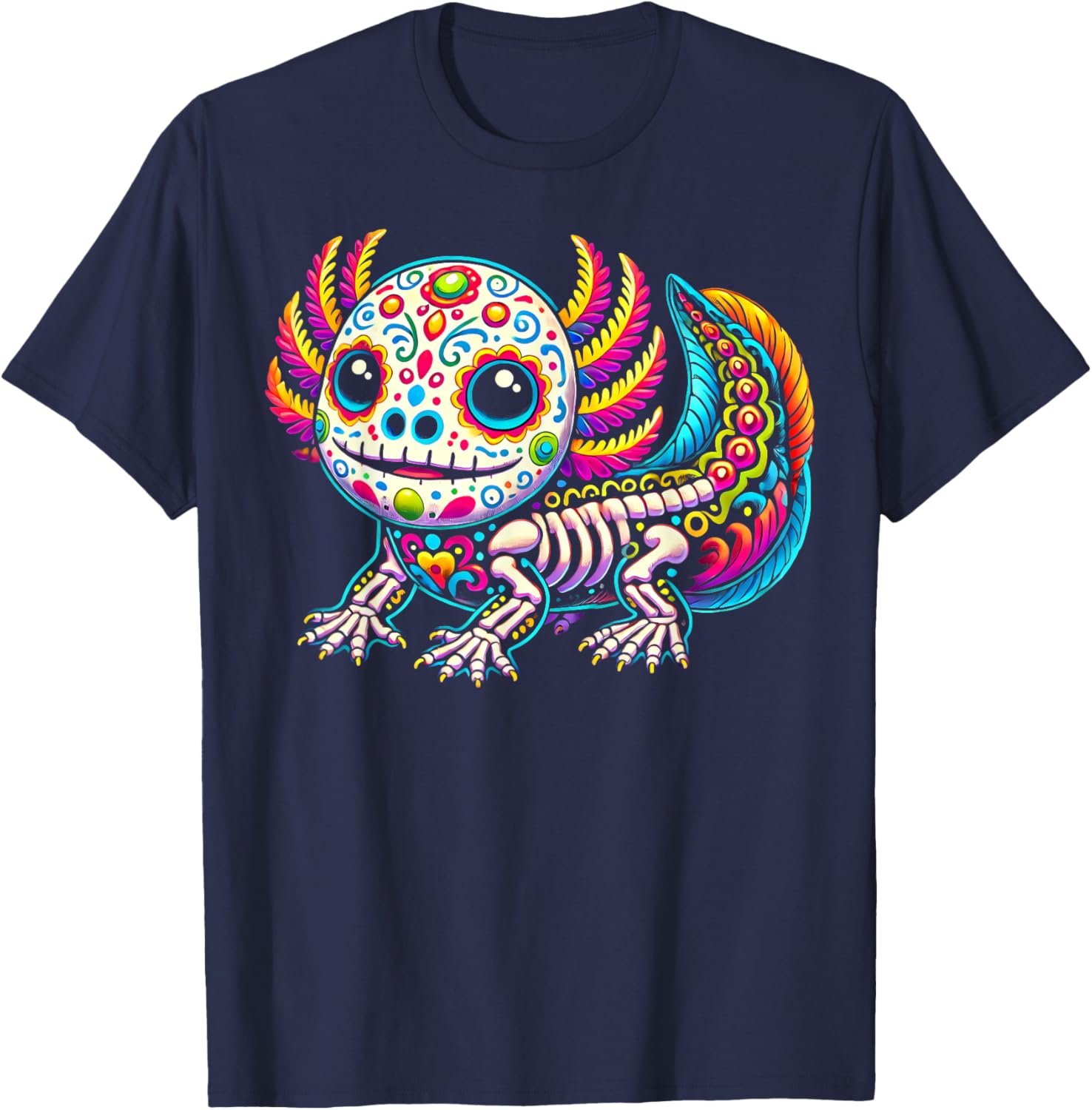Colorful Axolotl Día de Muertos Sugar Skull Day of the Dead T-Shirt - T-Shirt | Navy