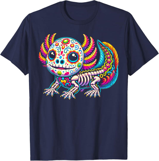 Colorful Axolotl Día de Muertos Sugar Skull Day of the Dead T-Shirt - T-Shirt | Navy