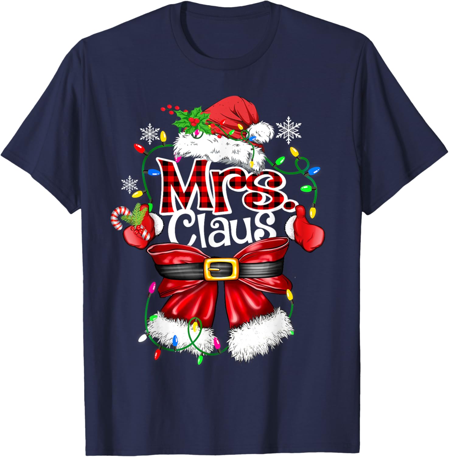 Mr and Mrs Claus Couples Santa Christmas Lights Pajamas T-Shirt - T-Shirt | Navy
