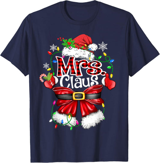 Mr and Mrs Claus Couples Santa Christmas Lights Pajamas T-Shirt - T-Shirt | Navy