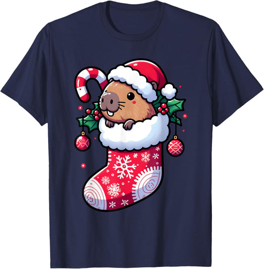 Cute Capybara Wearing Santa Hat in Christmas Stocking Pajama T-Shirt - T-Shirt | Navy