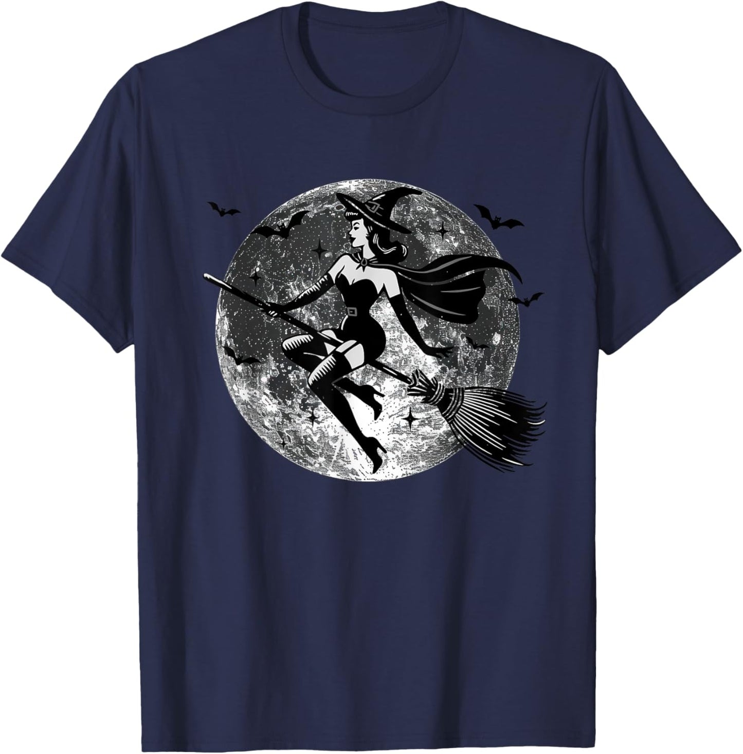 Retro Vintage Sexy Witch on the Broom Moon Halloween T-Shirt - T-Shirt | Navy