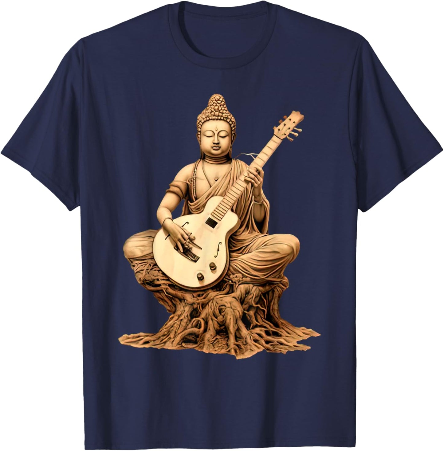 Vintage Buddha Playing Guitar Yoga Buddhist Yogi Music Lover T-Shirt - T-Shirt | Navy