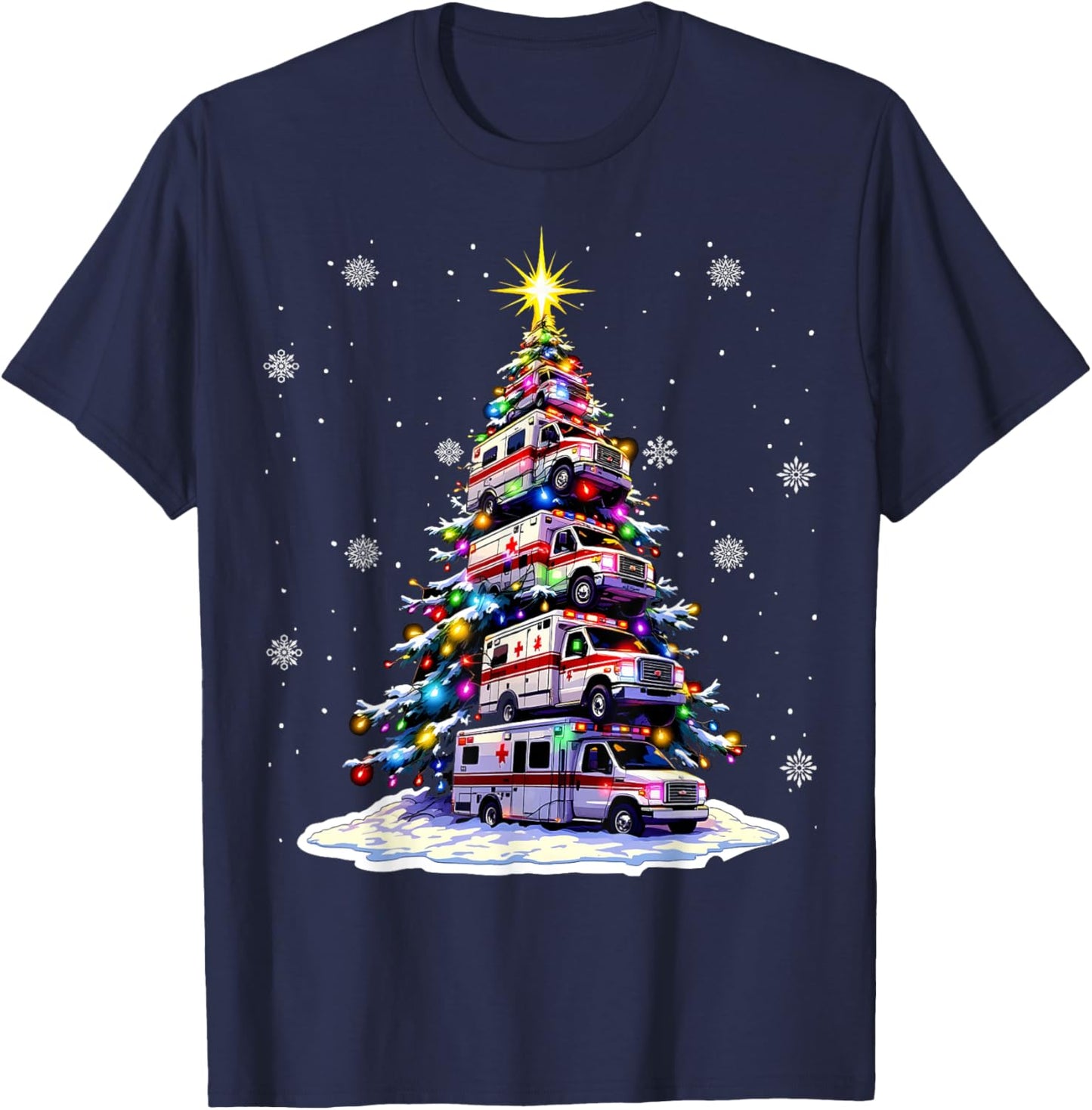 Ambulance Christmas Tree Funny Holiday EMS Medical Workers T-Shirt - T-Shirt | Navy