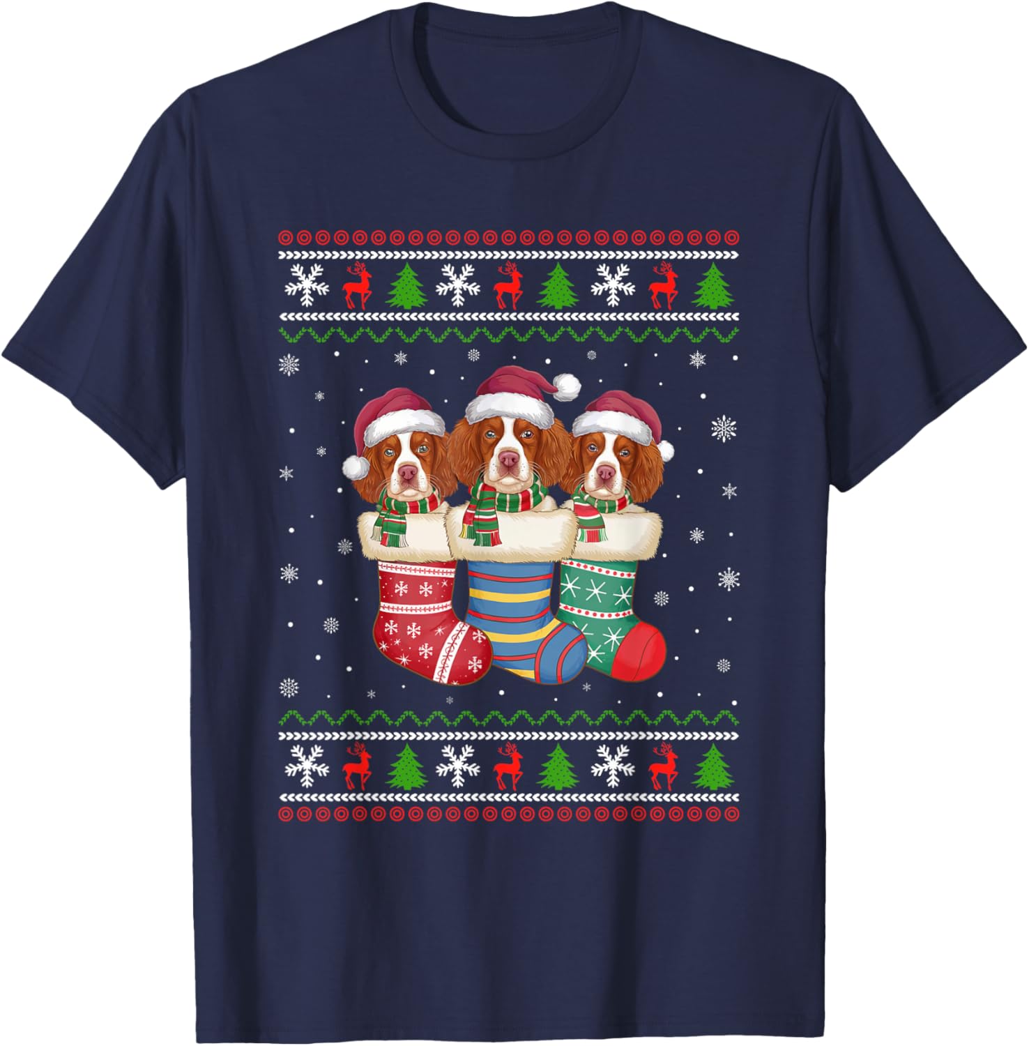 Ugly Xmas Sweater Brittany Spaniel Dog In Christmas Socks Men Women Kids T-Shirt - T-Shirt | Navy