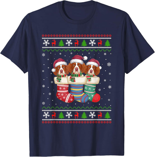 Ugly Xmas Sweater Brittany Spaniel Dog In Christmas Socks Men Women Kids T-Shirt - T-Shirt | Navy