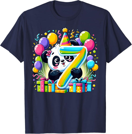 Kids Panda Theme seventh Bday Party 7th Panda Birthday T-Shirt - T-Shirt | Navy