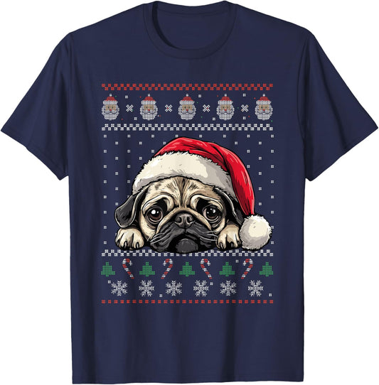 Ugly Christmas Sweater Pug Santa Hat Dog Lover Art T-Shirt - T-Shirt | Navy