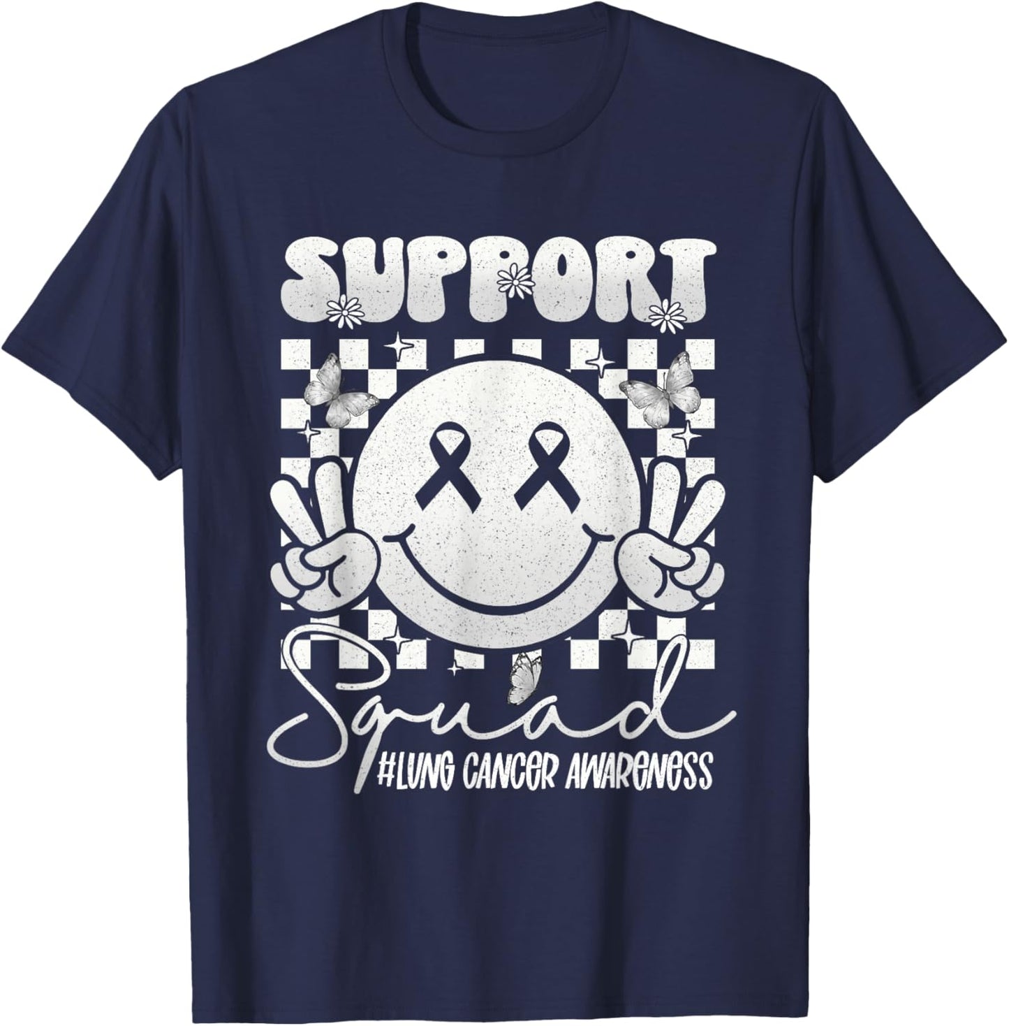 Lung Cancer Awareness Smile Face Support White Ribbon T-Shirt - T-Shirt | Navy