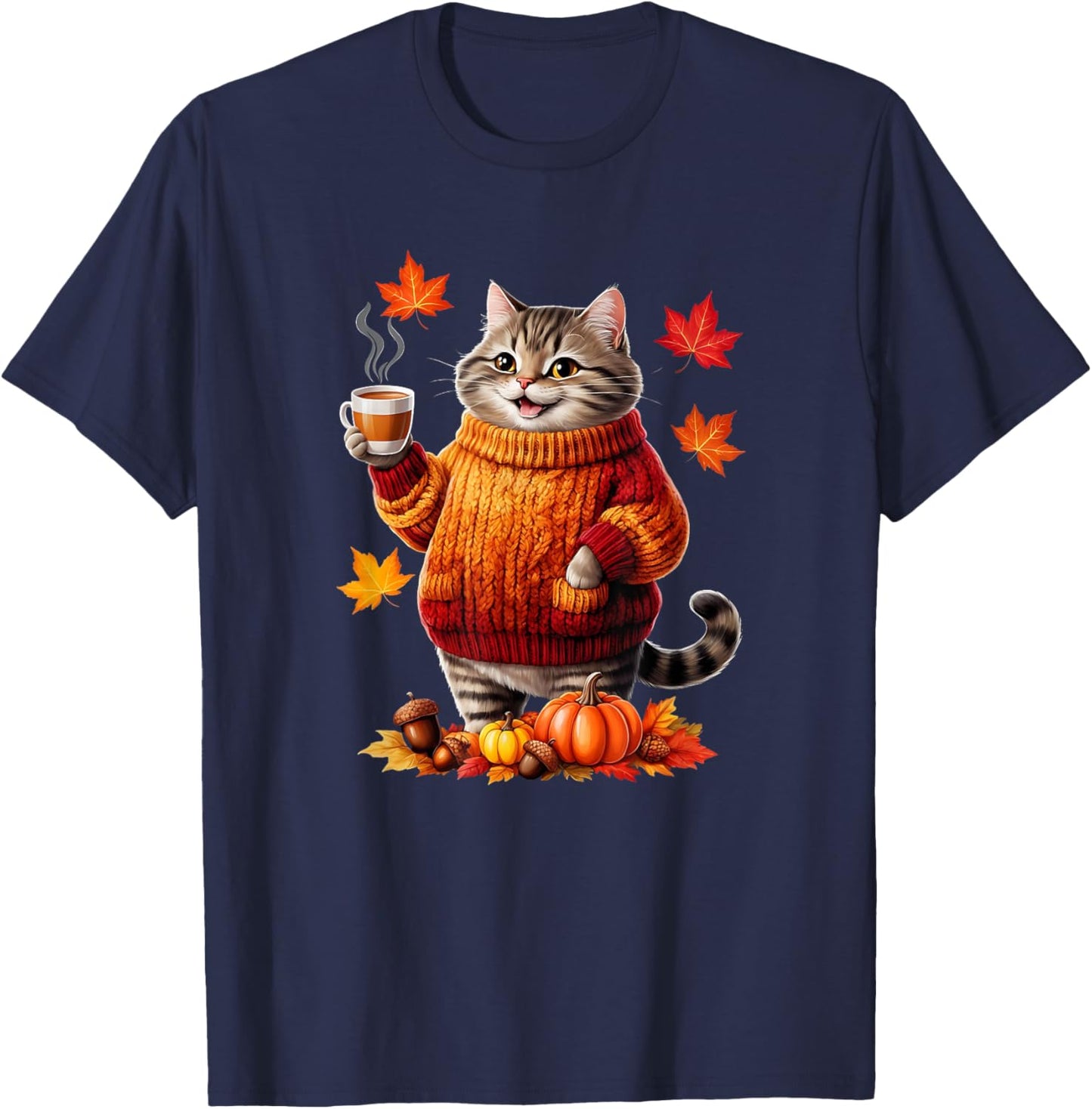 Cozy Cat With Sweater Funny Fall Graphic Women Girls Kids T-Shirt - T-Shirt | Navy