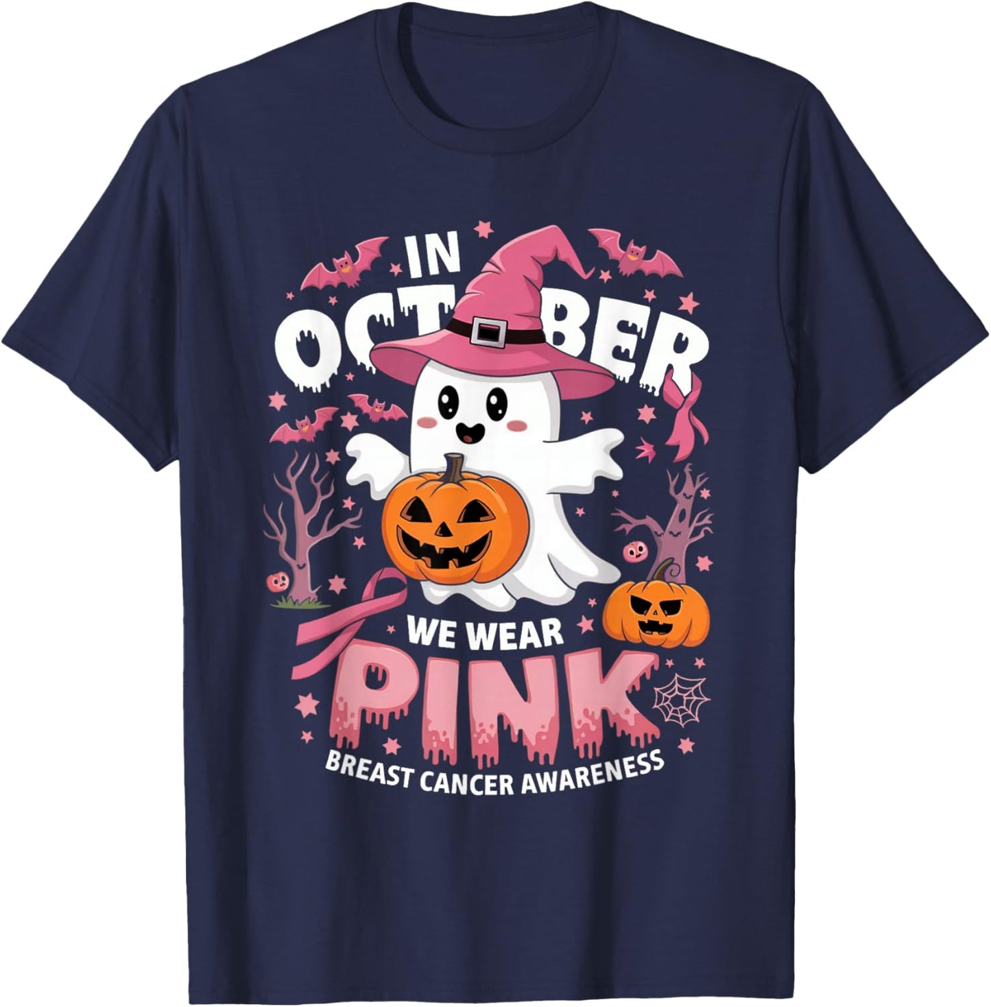 In October We Wear Pink Halloween Breast Cancer T-Shirt - T-Shirt | Navy