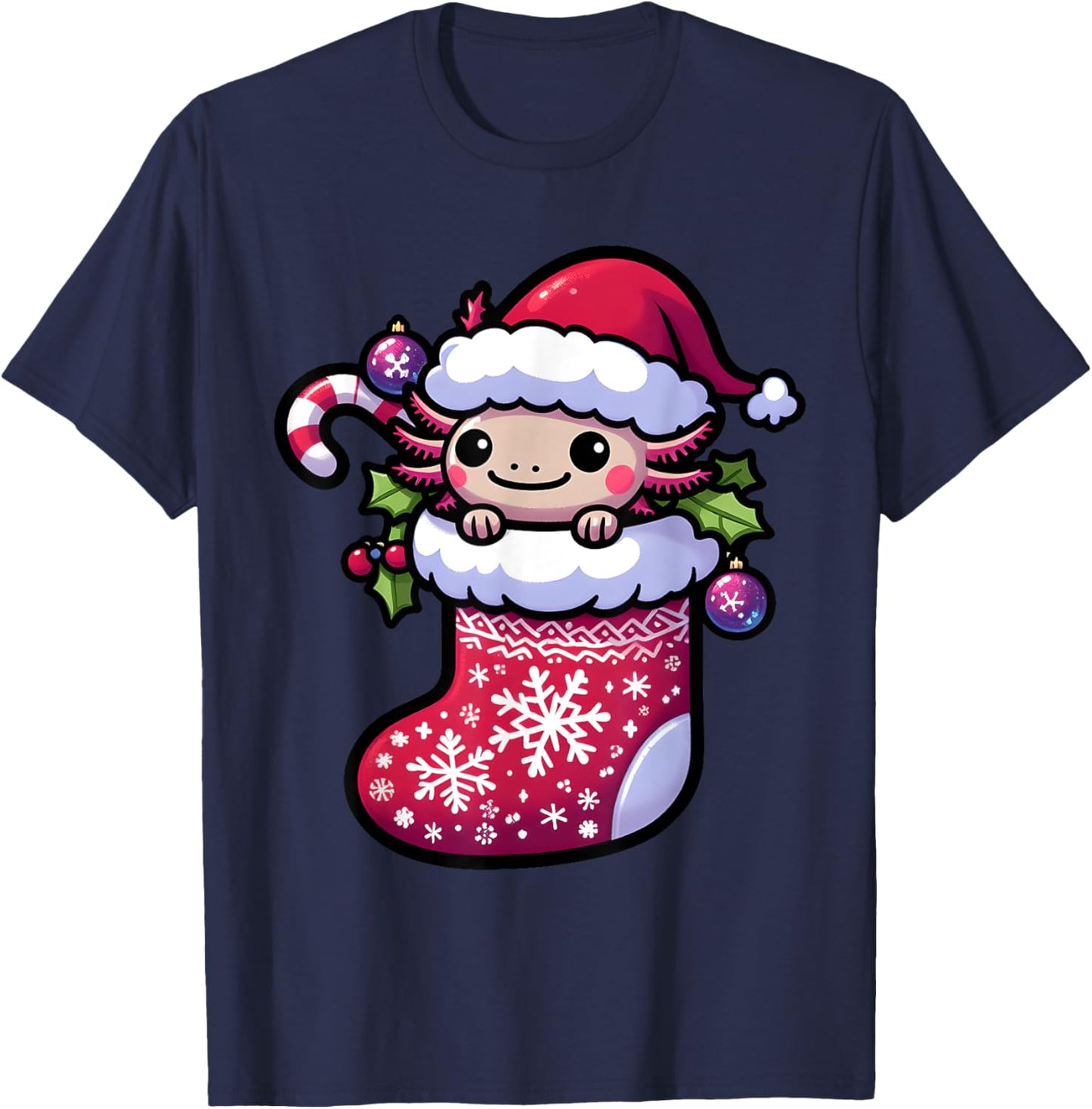 Cute Christmas Candy Cane Santa Axolotl in Xmas Stocking T-Shirt - T-Shirt | Navy