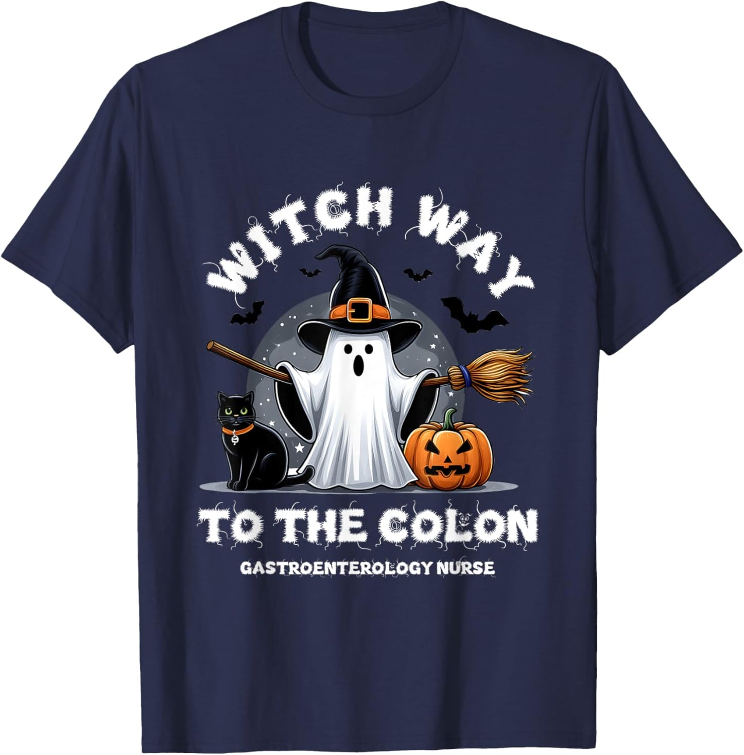 Gastroenterology Nurse Witch Way To The Colon Surprise Ghost T-Shirt - T-Shirt | Navy