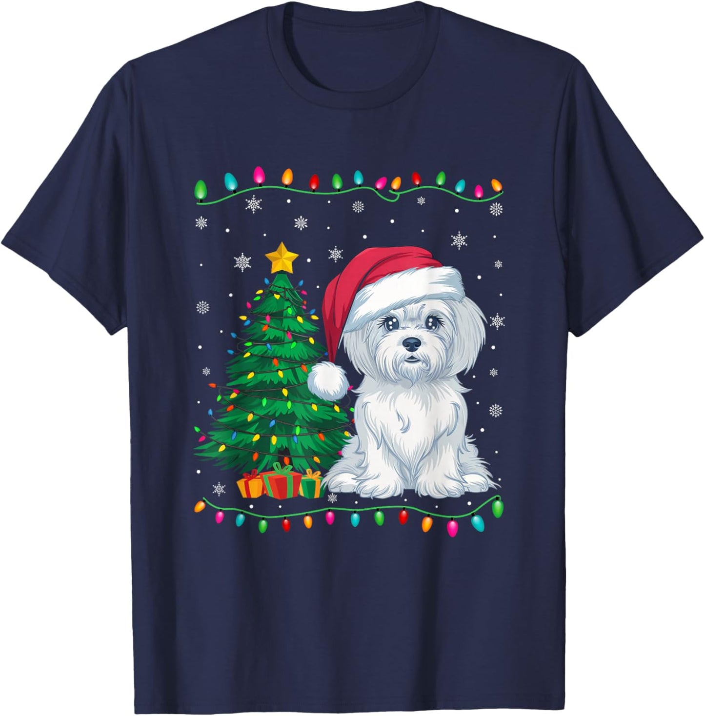 Maltese Dog Santa Hat Men Women Kids Christmas Tree Lights T-Shirt - T-Shirt | Navy