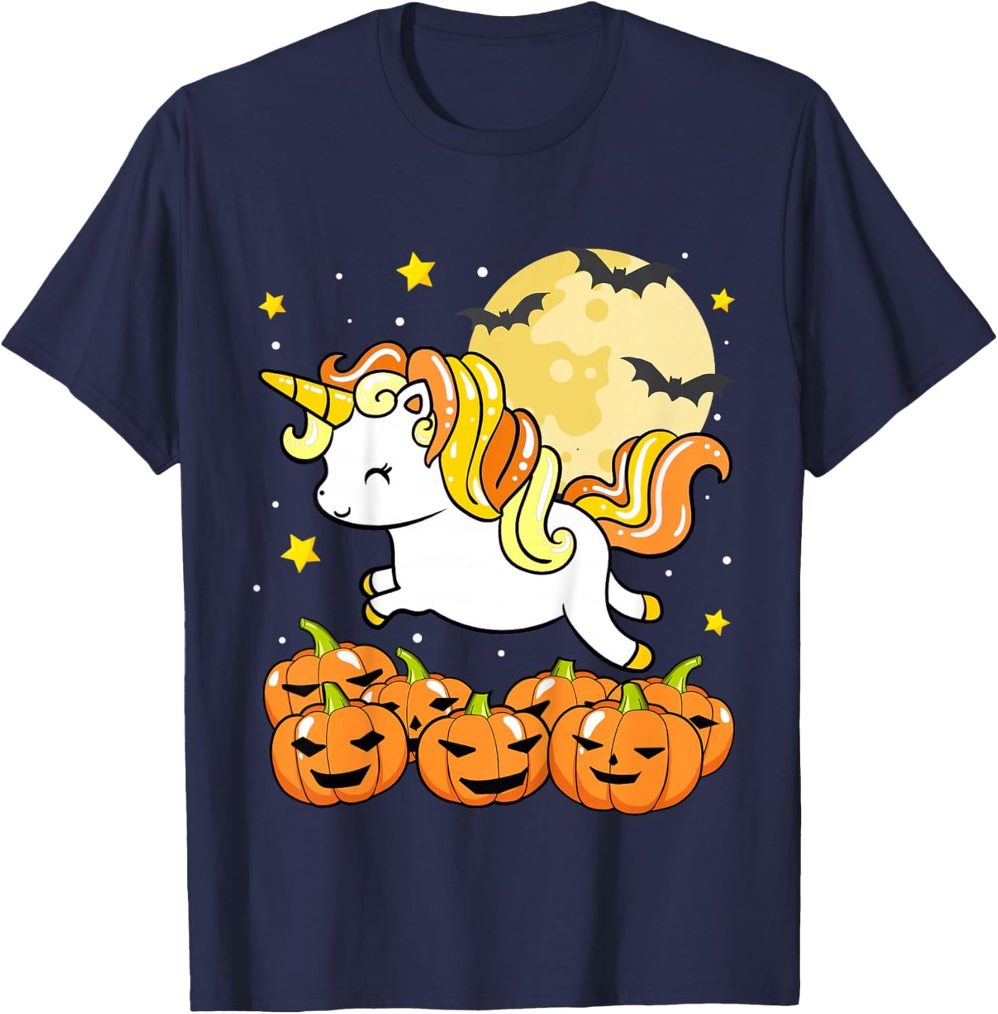 Kids Girls Unicorn Halloween Jack O Lantern Moon Pumpkin Toddler T-Shirt - T-Shirt | Navy