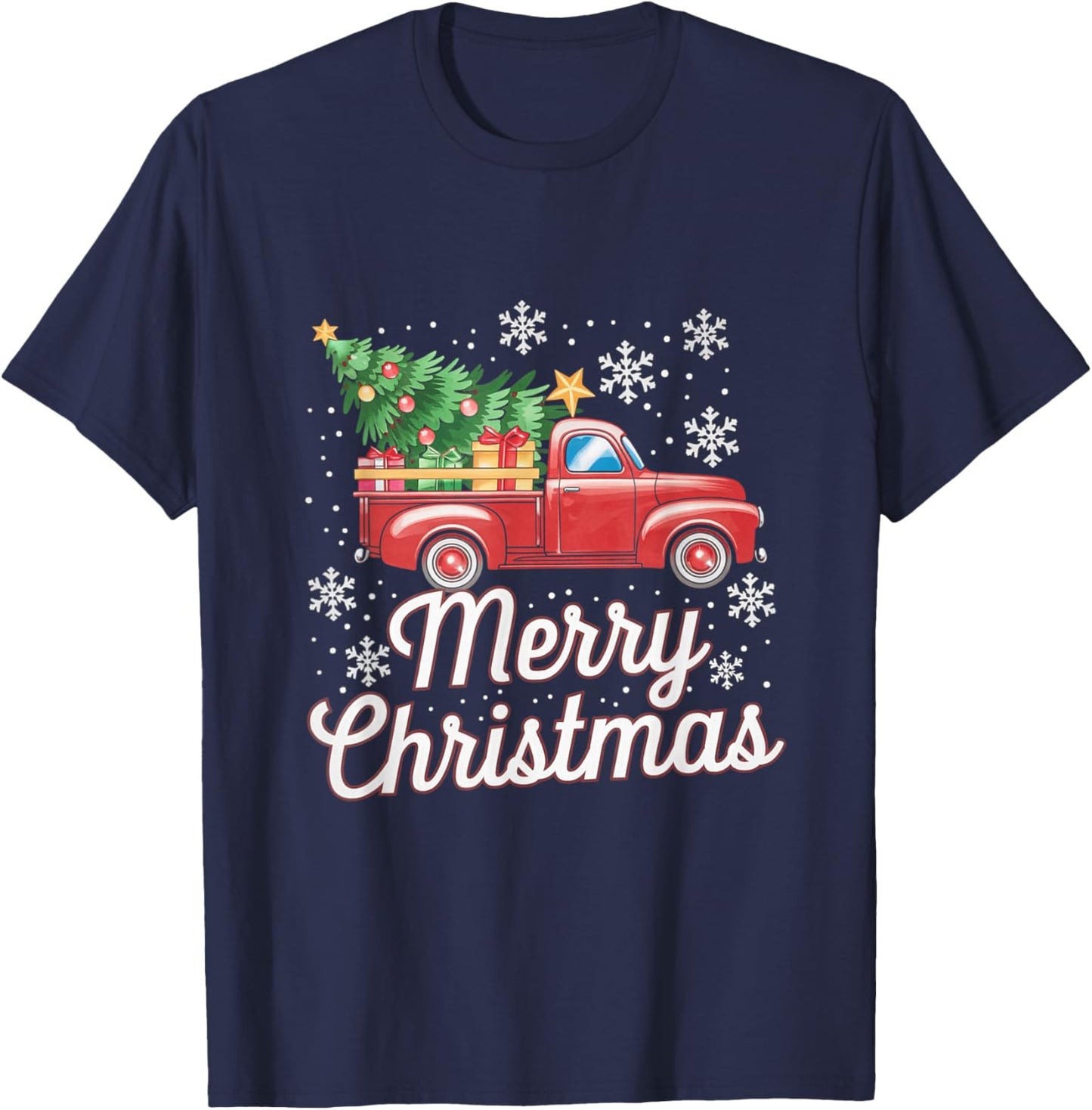 Vintage Red Truck Merry Christmas T-Shirt - T-Shirt | Navy