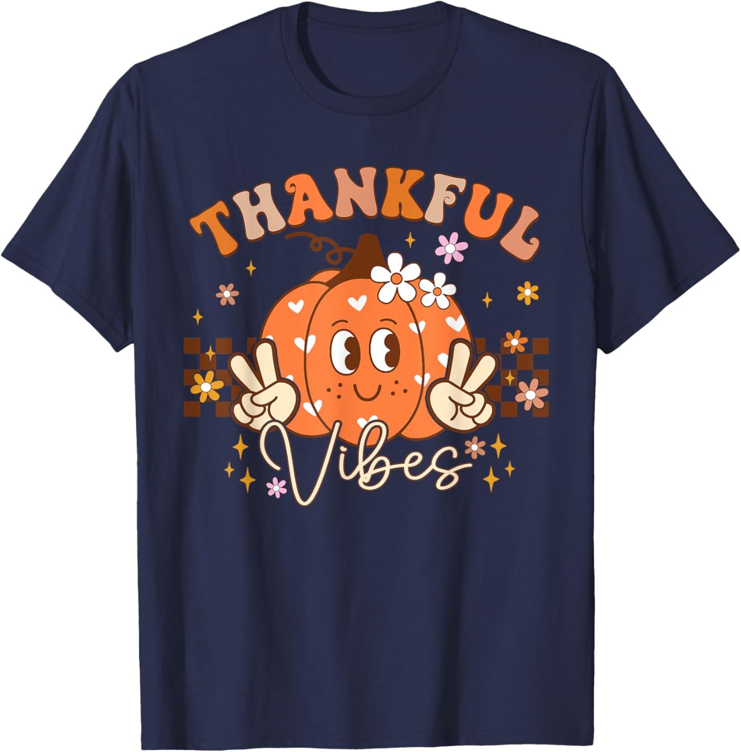 Retro Groovy Fall Pumpkin Peace Thanksgiving Women Girls T-Shirt - T-Shirt | Navy