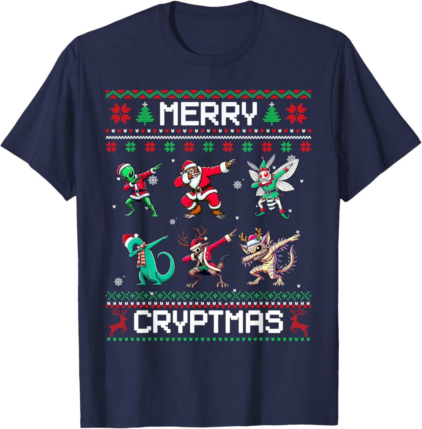Merry Cryptmas Dabbing Cryptid Ugly Christmas Sweater T-Shirt - T-Shirt | Navy