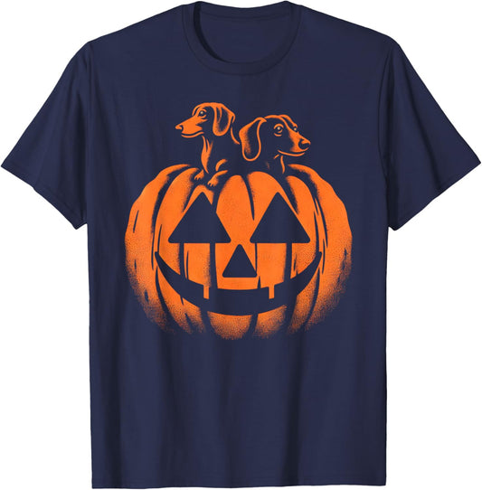Dog Halloween Dachshund Jack O Lantern Pumpkin T-Shirt - T-Shirt | Navy
