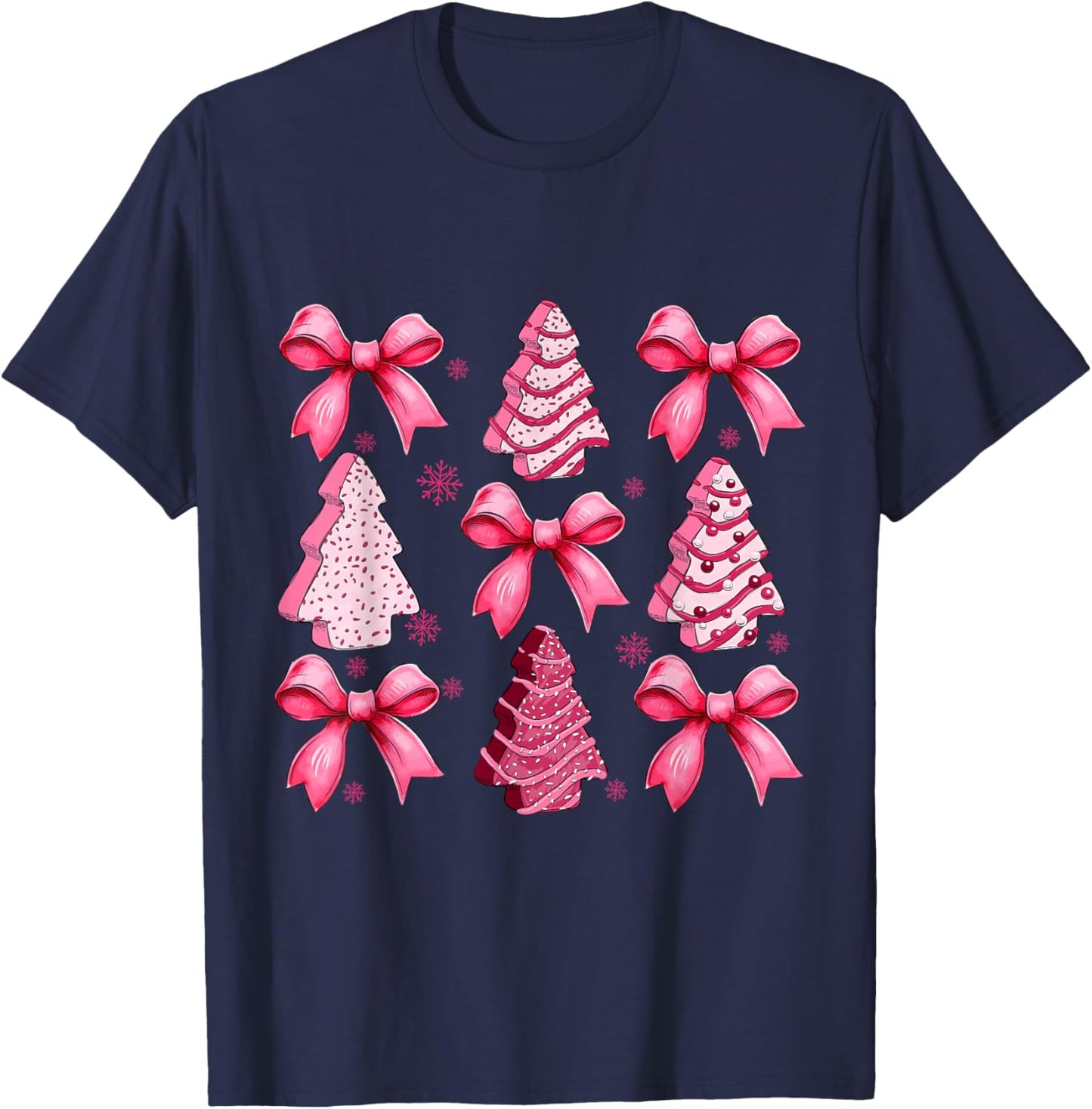 Pink Debbie Tree Cake Coquette Bow Xmas Matching Family T-Shirt - T-Shirt | Navy