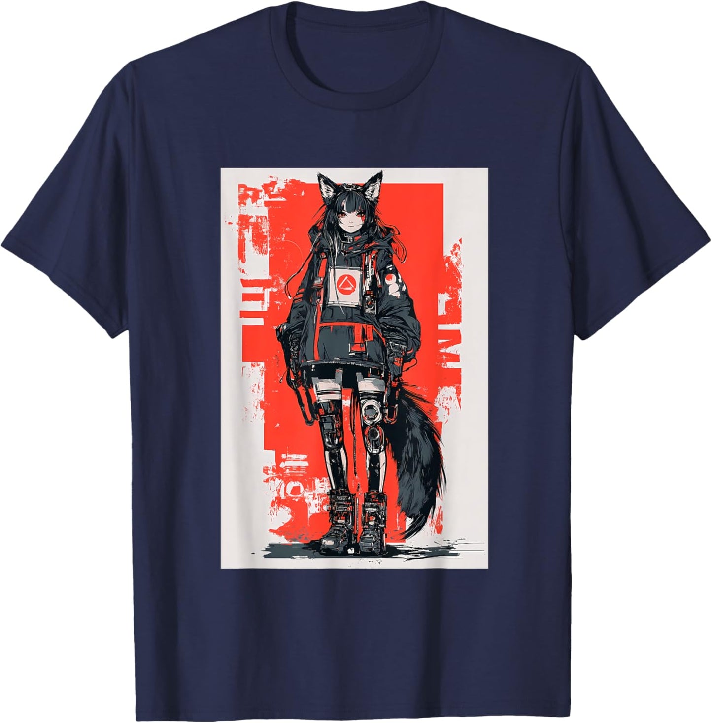 Anime Manga Cyberpunk Aesthetic Techwear Harajuku Kitsune T-Shirt - T-Shirt | Navy