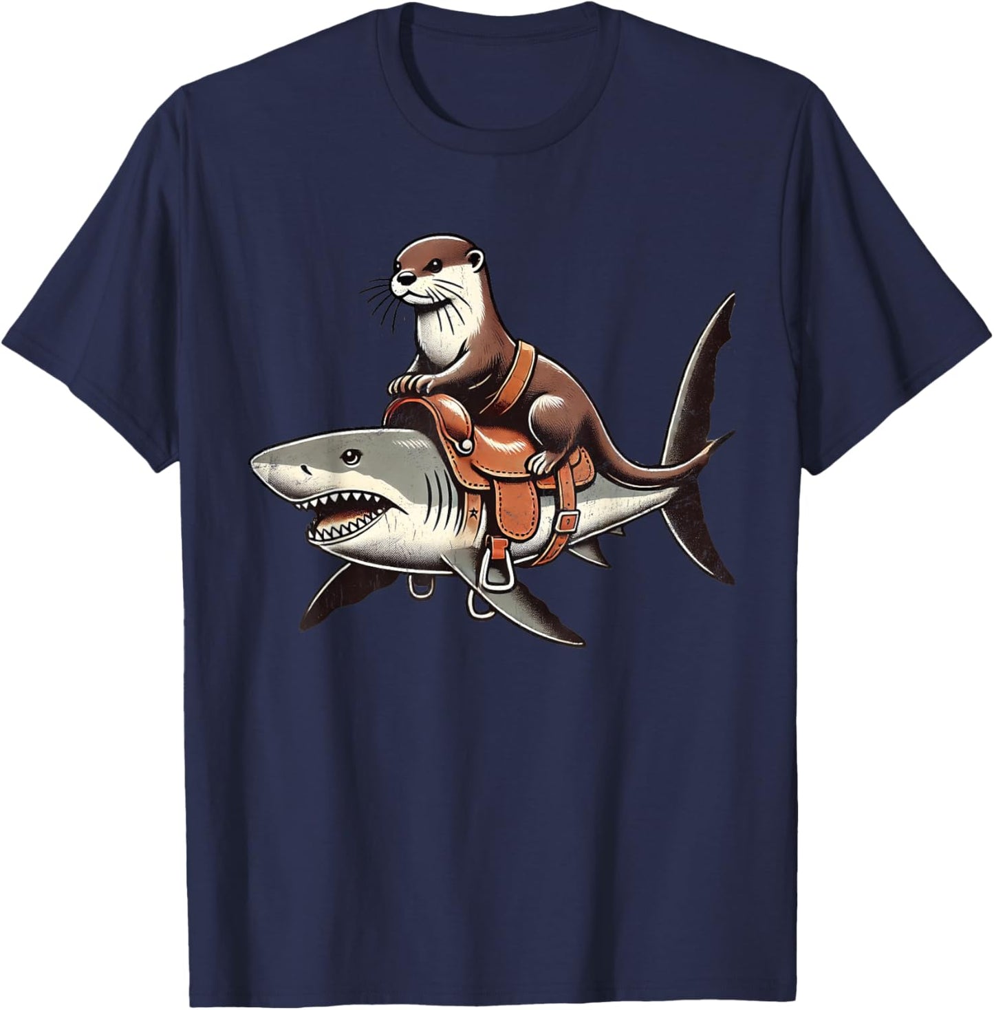 Vintage Funny Otter Art Retro Distressed Otter Riding Shark T-Shirt - T-Shirt | Navy