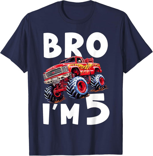 5th Birthday Boy Bro I’m 5 Year Old Monster Trucks Five Bday T-Shirt - T-Shirt | Navy