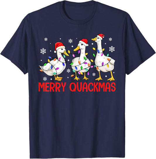 Funny Merry Quackmas Duck Santa Hat Christmas Lights Duck T-Shirt - T-Shirt | Navy