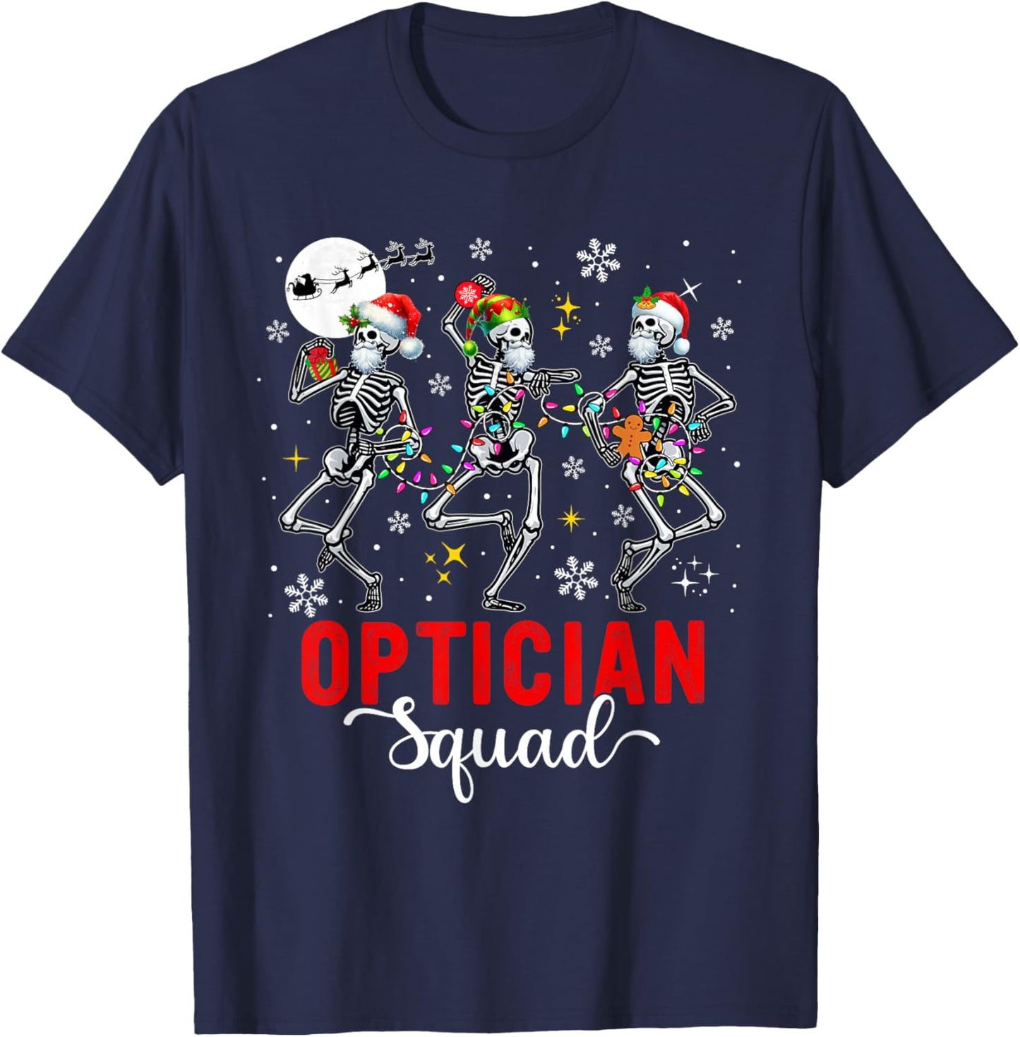 Optician Squad Job Three Santa Elf Skeletons Xmas Dancing T-Shirt - T-Shirt | Navy