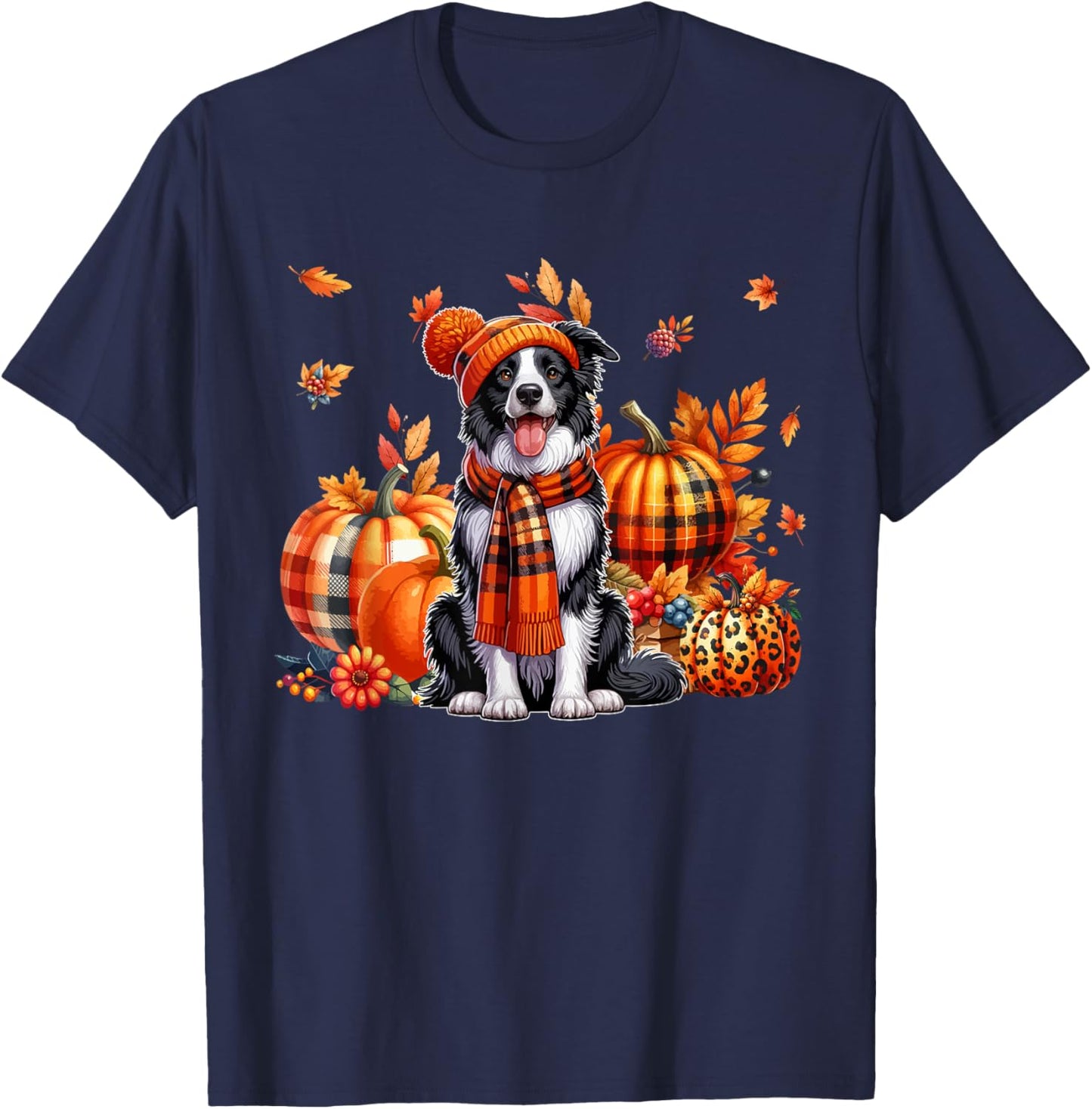 Border Collie Thanksgiving Leopard Pumpkins Fall Leaves T-Shirt - T-Shirt | Navy