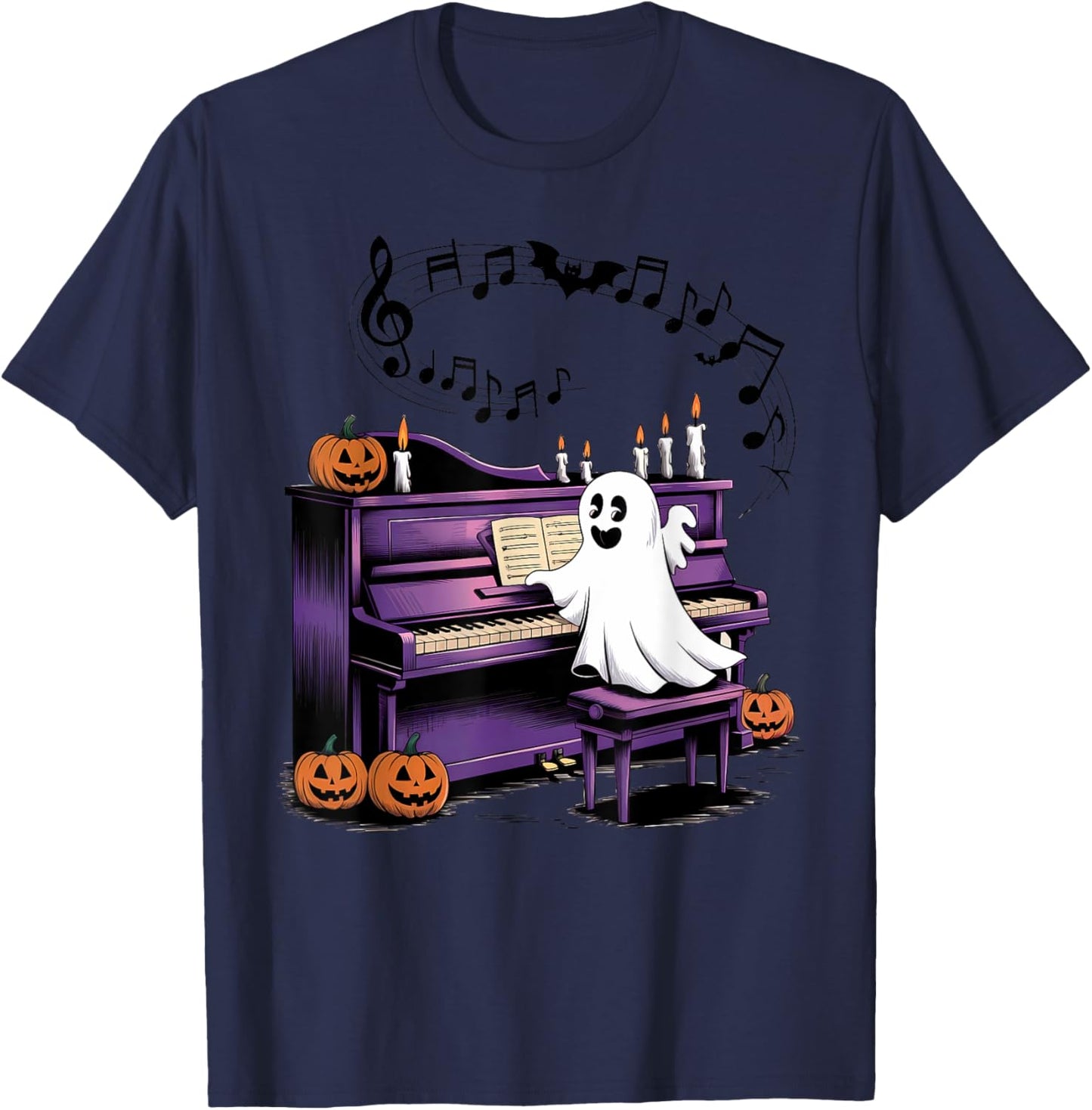 Spooky Halloween Ghost Playing Piano Pianist Musical Lovers T-Shirt - T-Shirt | Navy