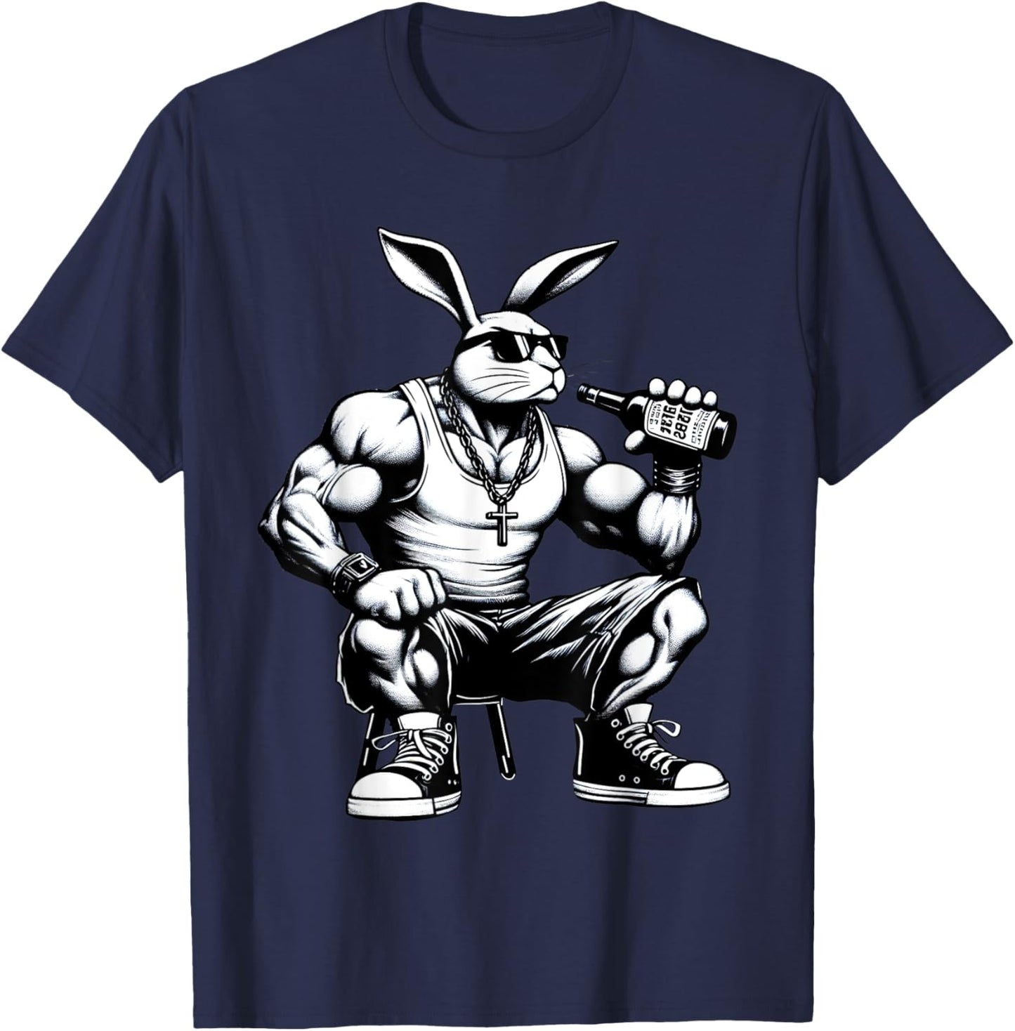 Thug Bunny Drinking Beer Muscles Gangster Rabbit Lovers Art T-Shirt - T-Shirt | Navy