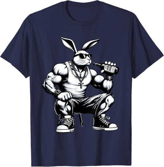 Thug Bunny Drinking Beer Muscles Gangster Rabbit Lovers Art T-Shirt - T-Shirt | Navy