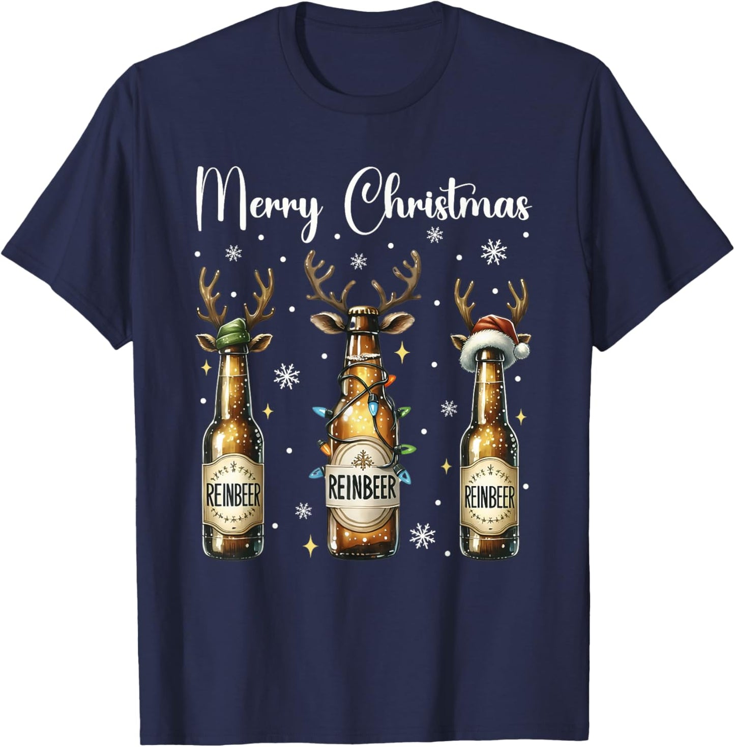 Christmas Pajamas Beer Gifts Christmas Lights Beer Bottles T-Shirt - T-Shirt | Navy