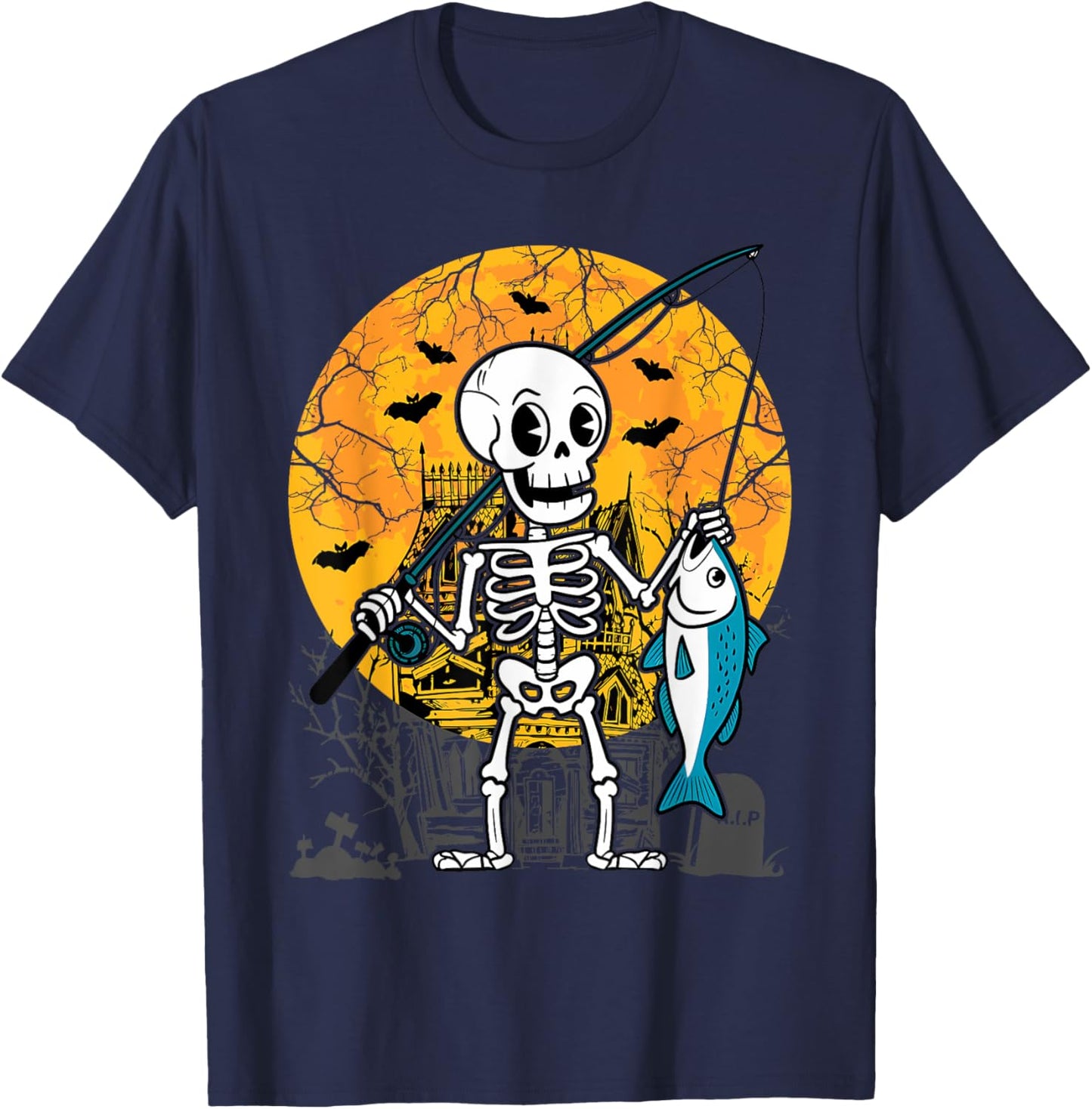 Halloween Skeleton Fishing Costume Fisherman Men Boys Kids T-Shirt - T-Shirt | Navy