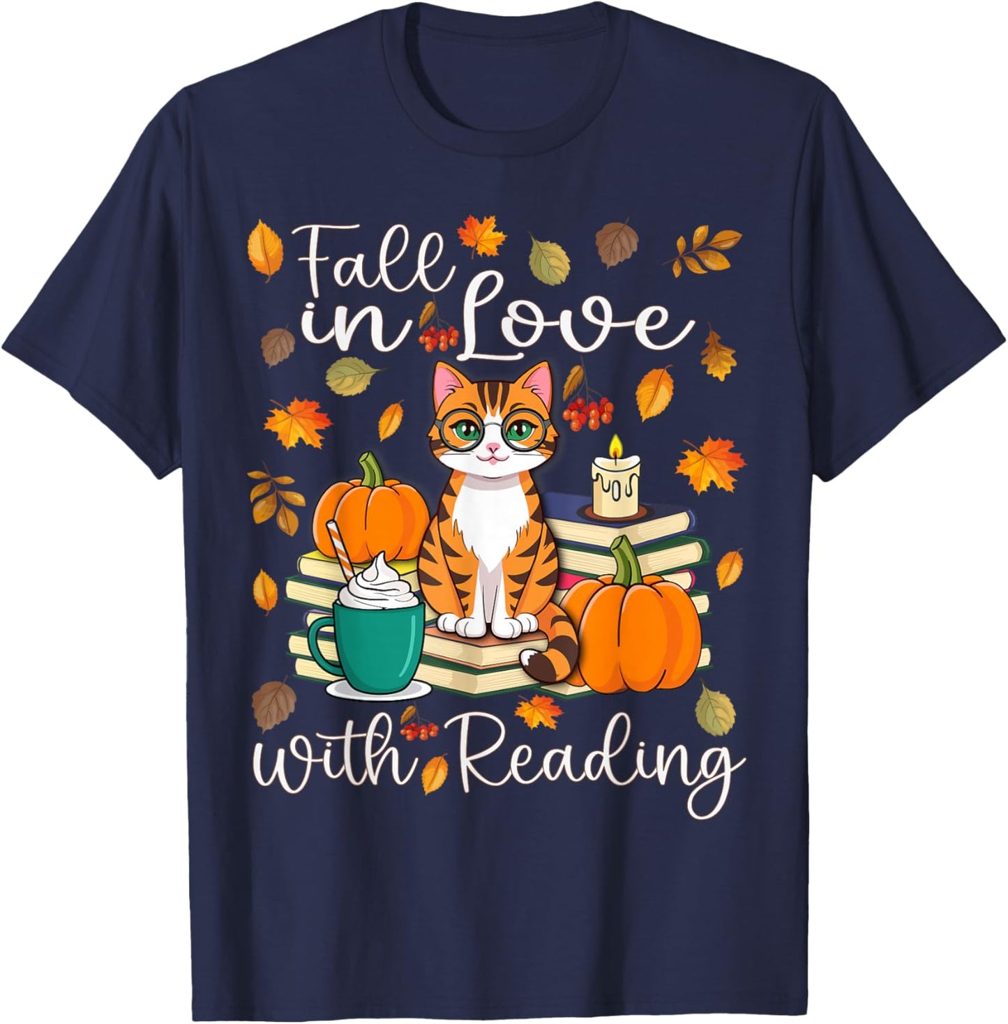 Cat Fall In Love With Reading Book Lover Autumn T-Shirt - T-Shirt | Navy