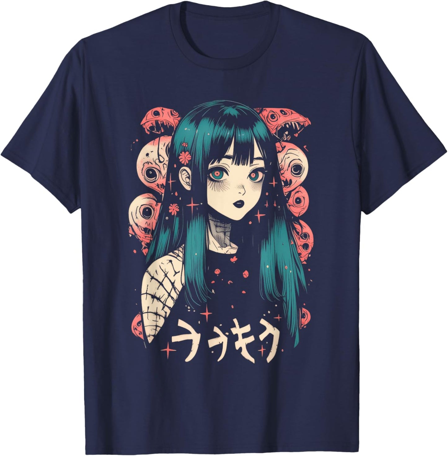 Goth Grunge Demon Anime Girl Waifu Horror Alt Aesthetic T-Shirt - T-Shirt | Navy