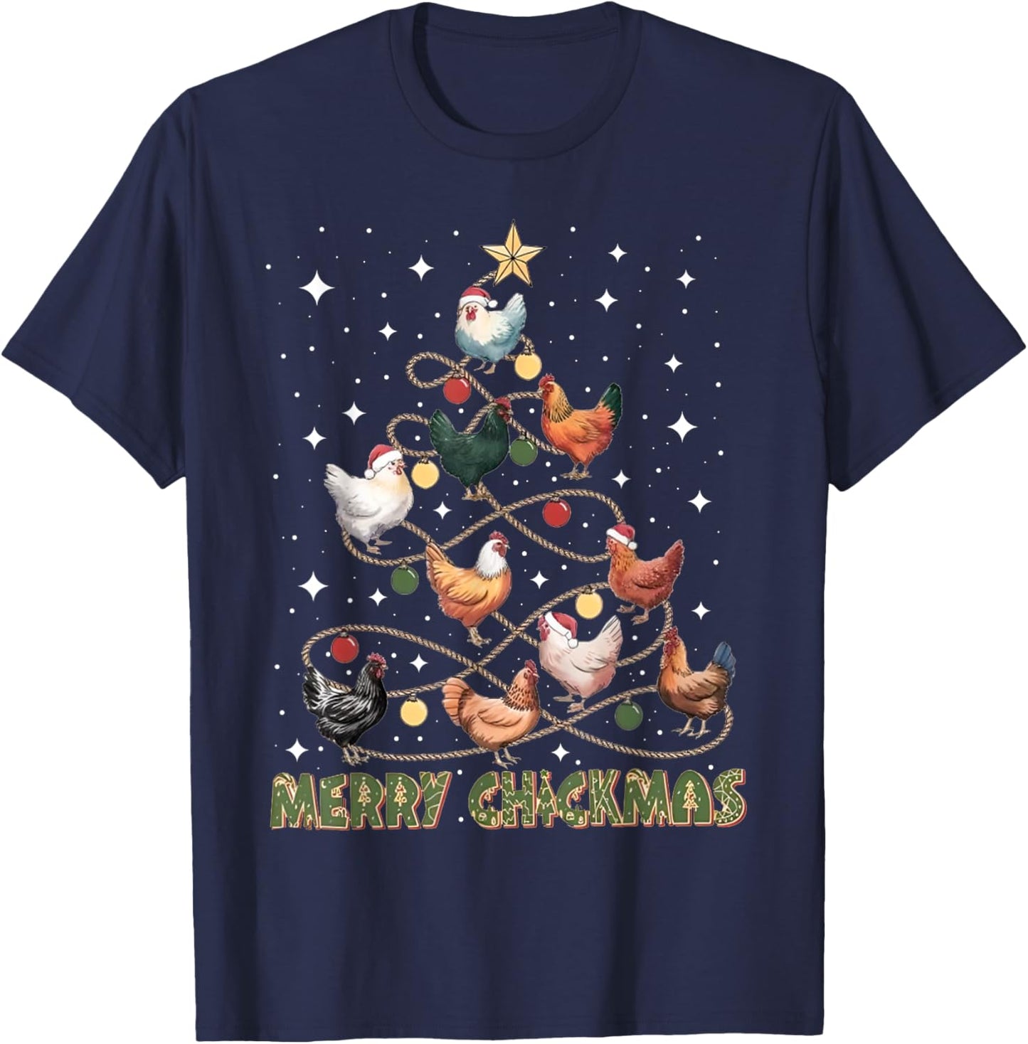 Merry Chickmas Chicken Christmas Tree Lights Farmer Gifts PJ T-Shirt - T-Shirt | Navy
