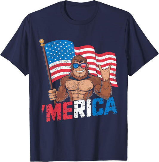 Bigfoot Merica Rock American Flag Patriotic 4th Of July T-Shirt - T-Shirt | Navy