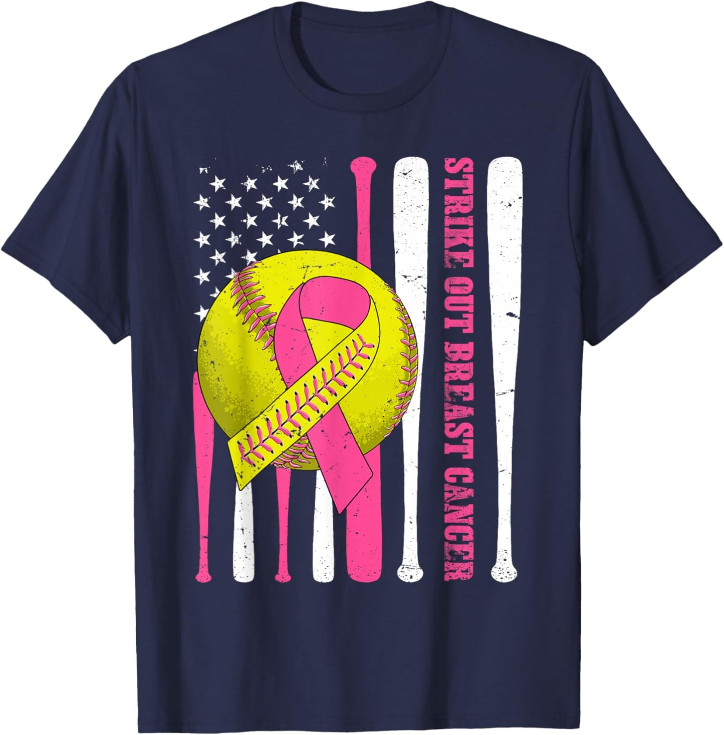 Strike Out Breast Cancer Softball American Flag Women Girls T-Shirt - T-Shirt | Navy