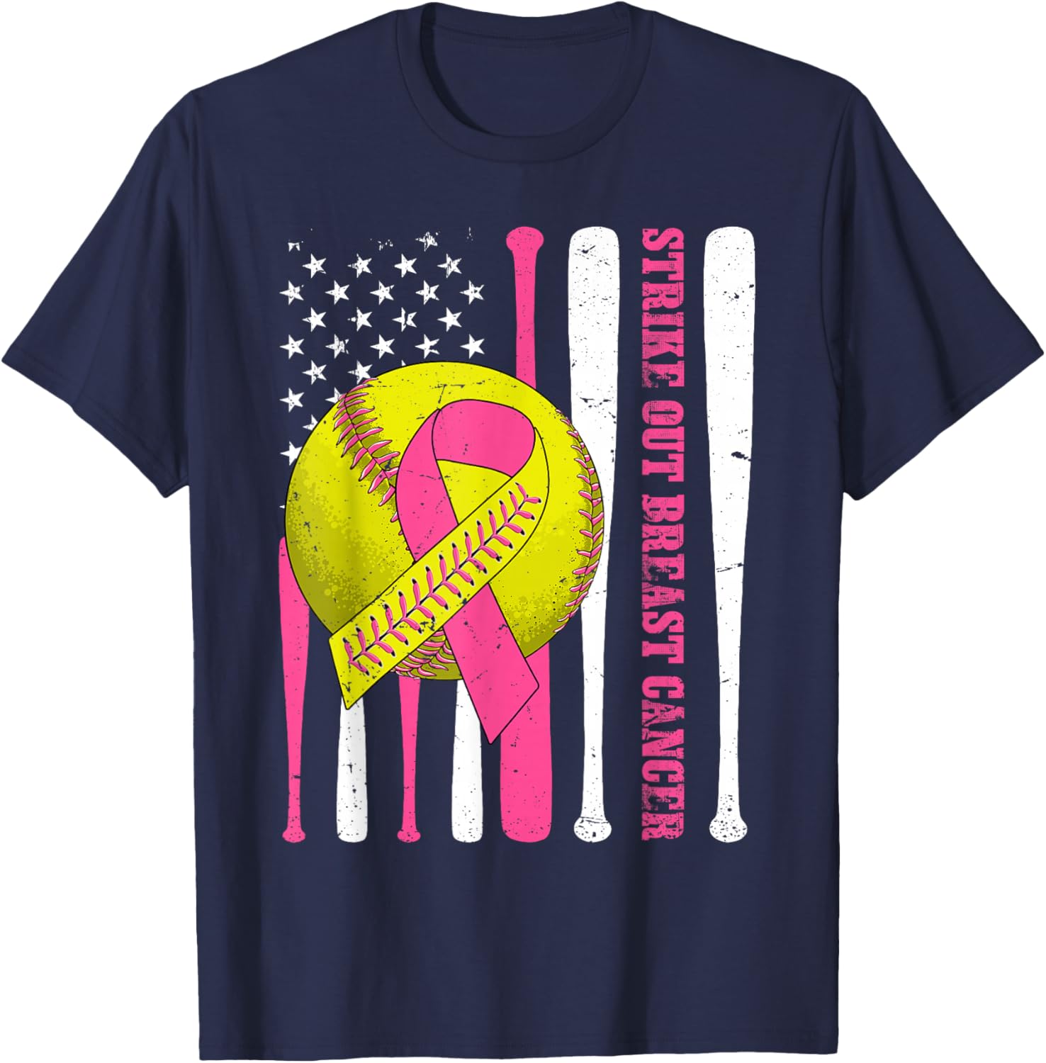 Strike Out Breast Cancer Softball American Flag Women Girls T-Shirt - T-Shirt | Navy