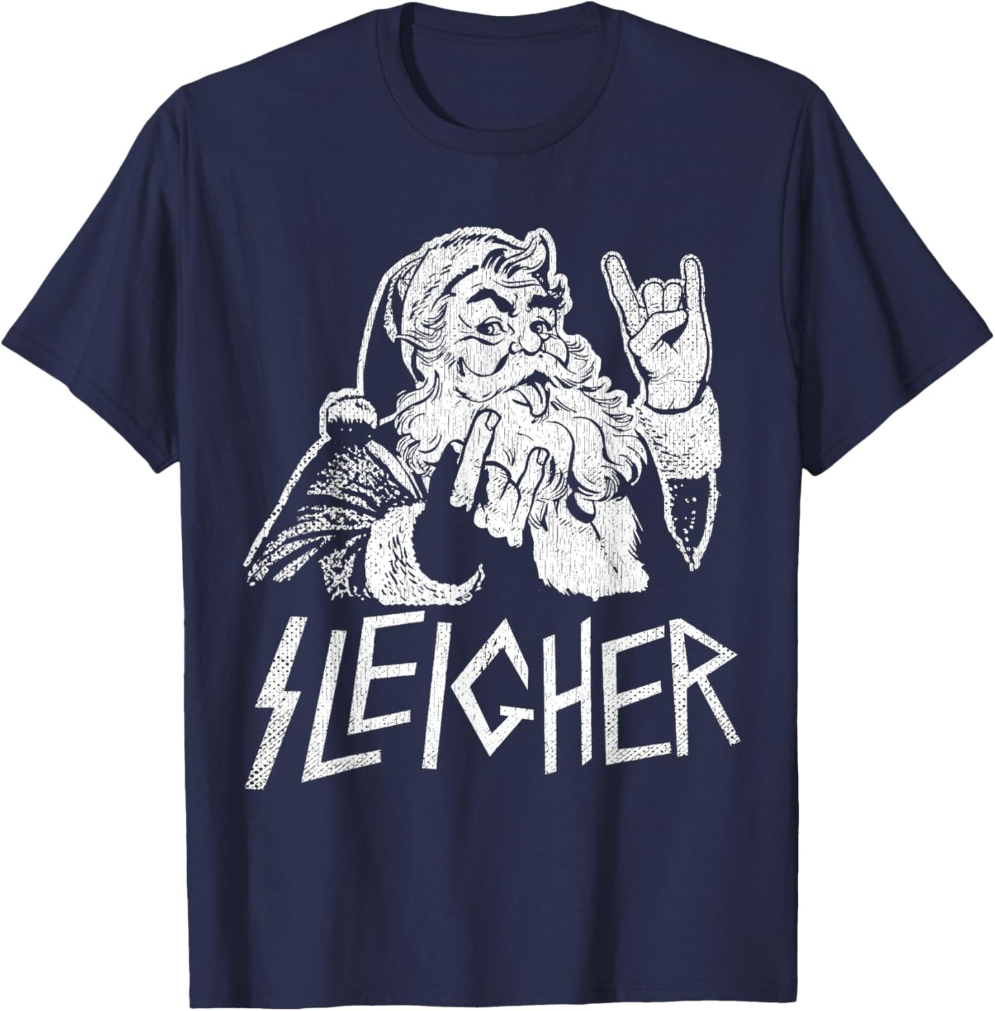 Sleigher Santa Claus Rock On Goth Heavy Metal Christmas T-Shirt - T-Shirt | Navy