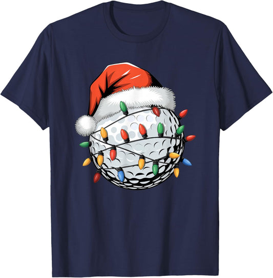 Christmas Golf Ball Santa Hat Lights Gift Golfers T-Shirt - T-Shirt | Navy