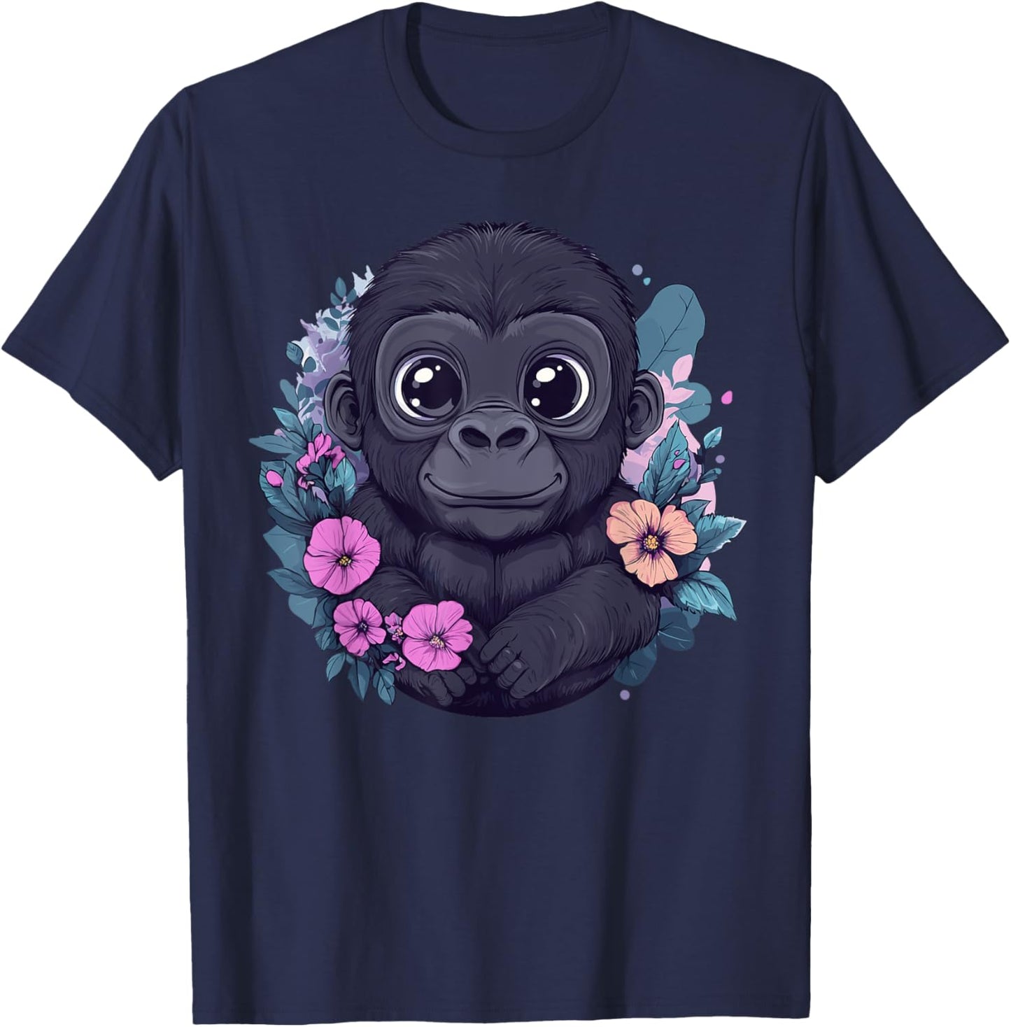 Adorable Baby Gorilla Surrounded By Flowers T-Shirt - T-Shirt | Navy
