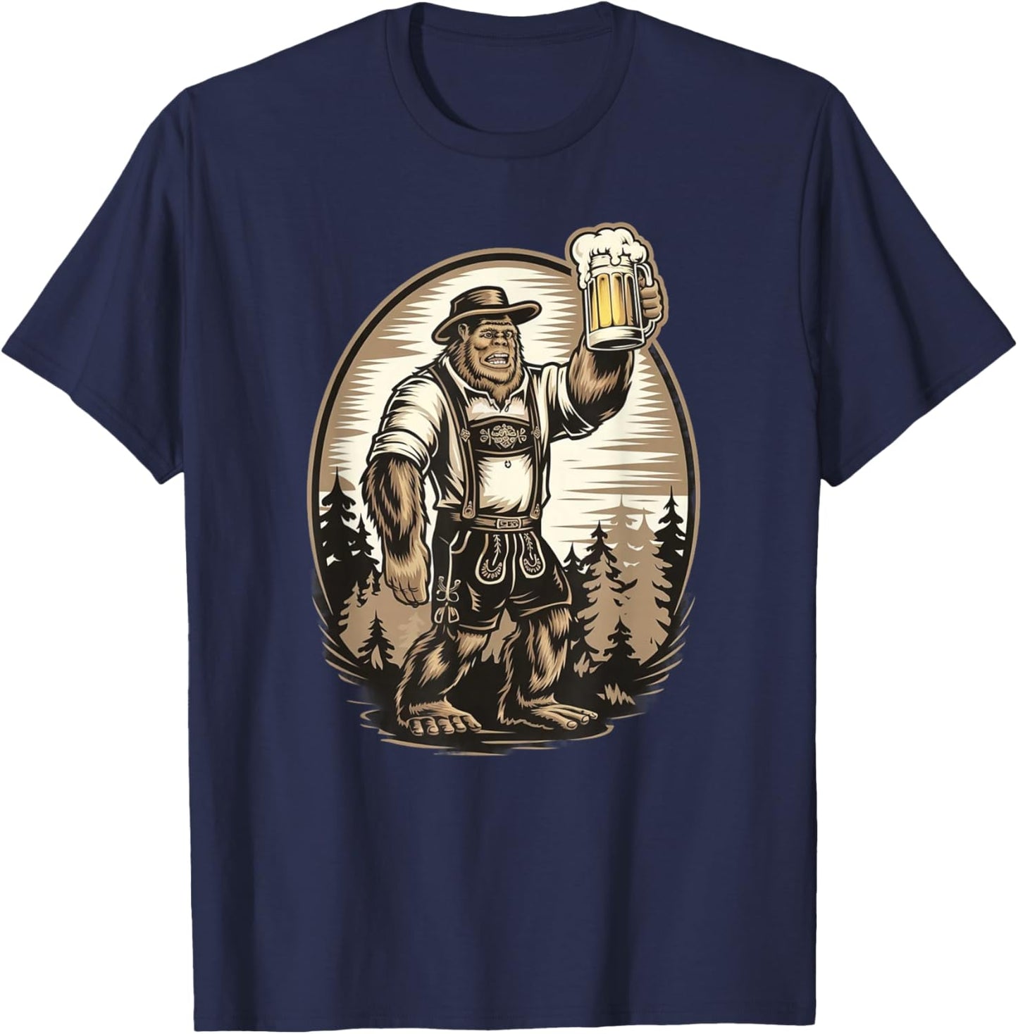 Bigfoot in Lederhosen Oktoberfest German Beer . T-Shirt - T-Shirt | Navy