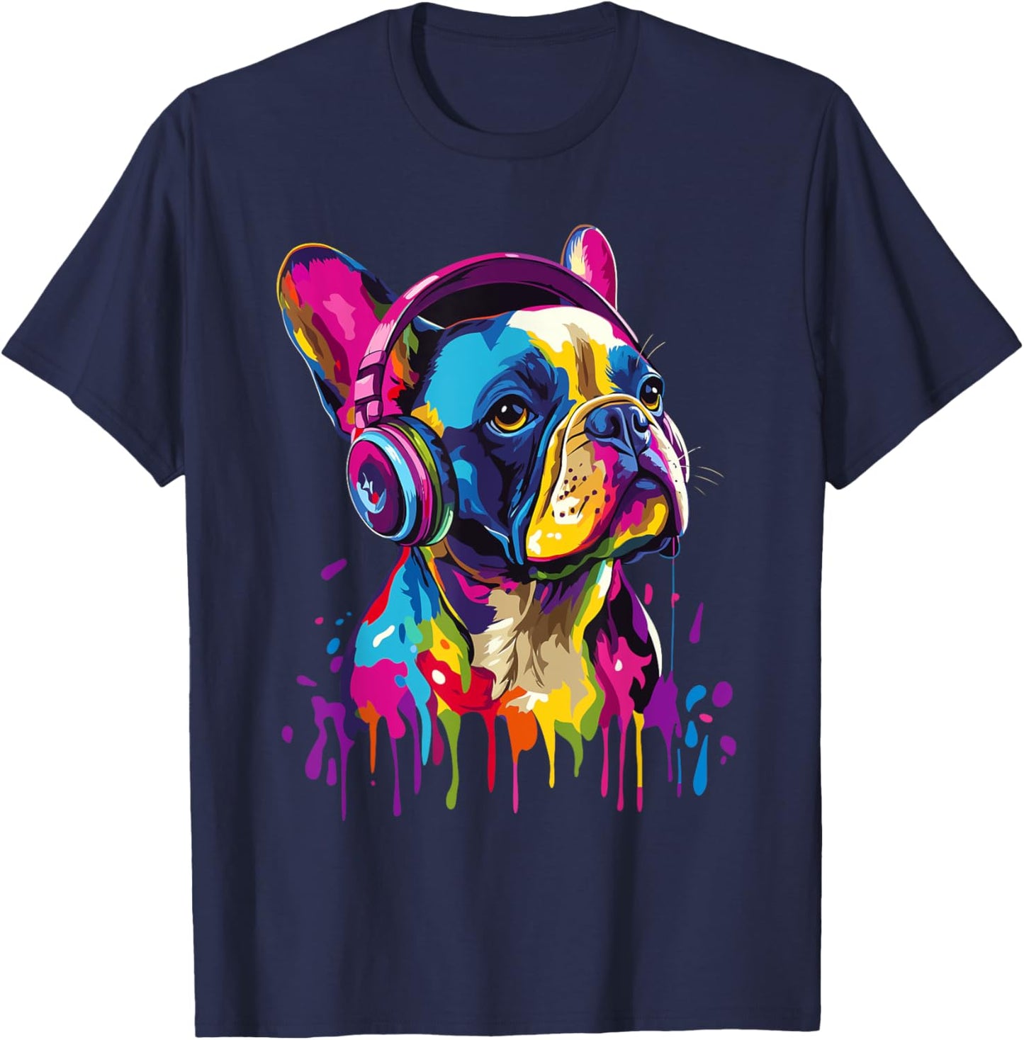 French Bulldog Lover Headphones Pop Art Funny French Bulldog T-Shirt - T-Shirt | Navy